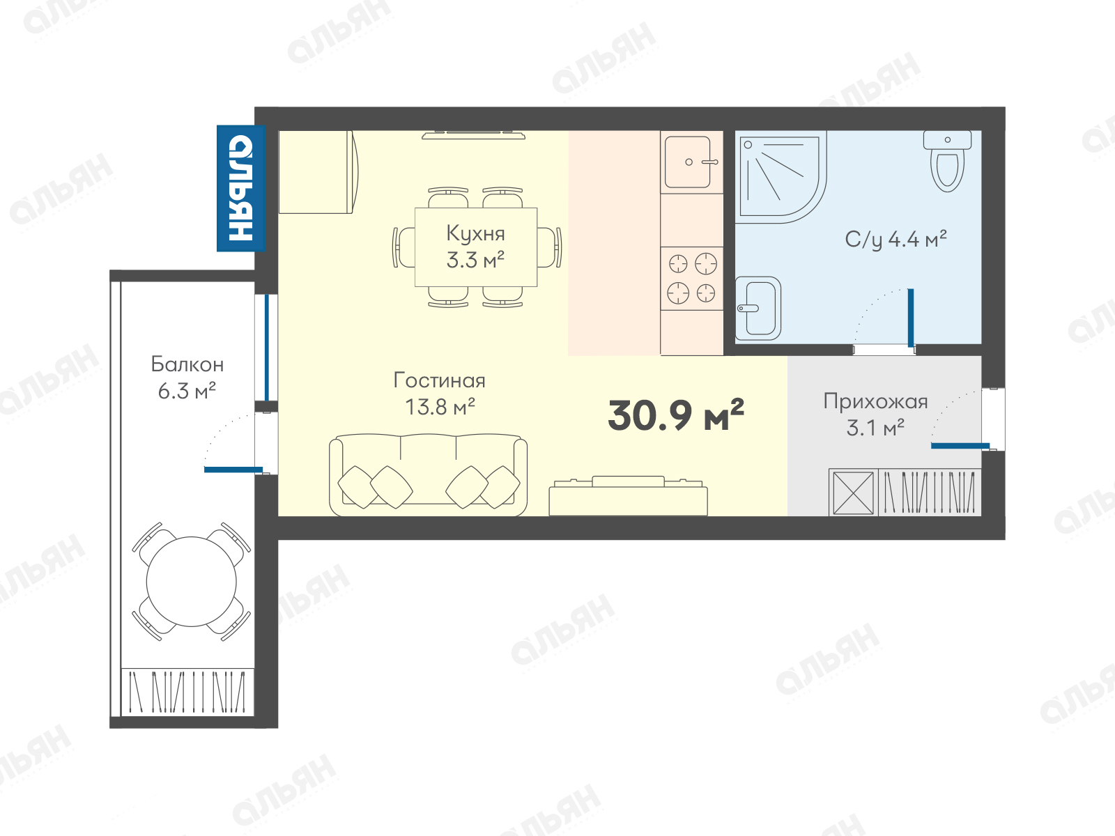 Студия, 30.9 м² · Берег Гурзуфа